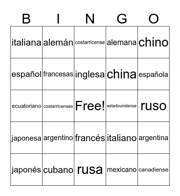 Spanish Bingo  Bingo Card