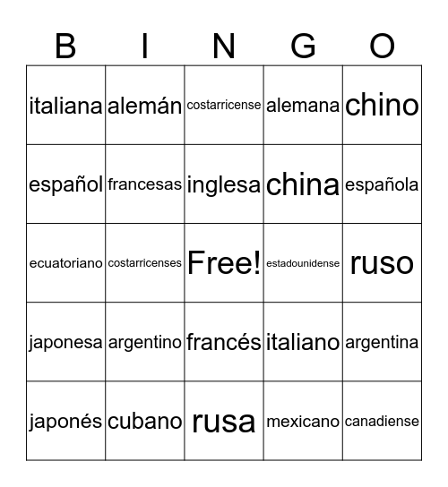 Spanish Bingo  Bingo Card