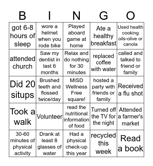 Wellness Bingo Card