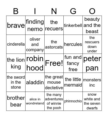 disney moives bingo Card