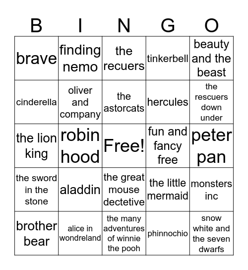 disney moives bingo Card