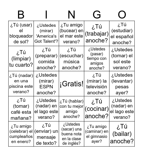 El Pretérito (-ar verbs) Bingo Card