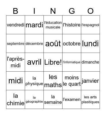 Bien Dit 1 Chapitre 4 Vocabulaire 1 Bingo Card