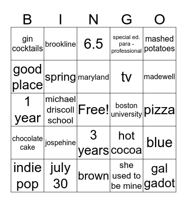 bridal bingo Card