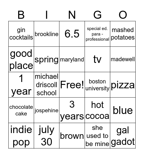 bridal bingo Card