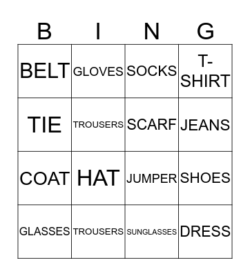 CLOTHES Bingo Card