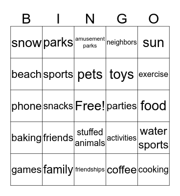 My Favorite Things Bingo Card