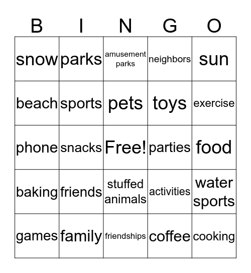 My Favorite Things Bingo Card