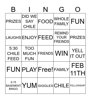 CHILE FEED AND BINGO NIGHT Bingo Card
