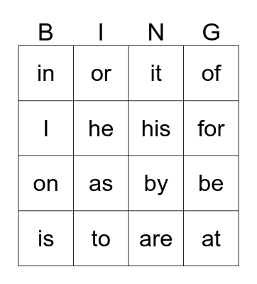 sight words Bingo Card