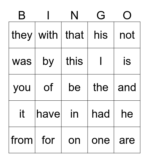 sight words Bingo Card