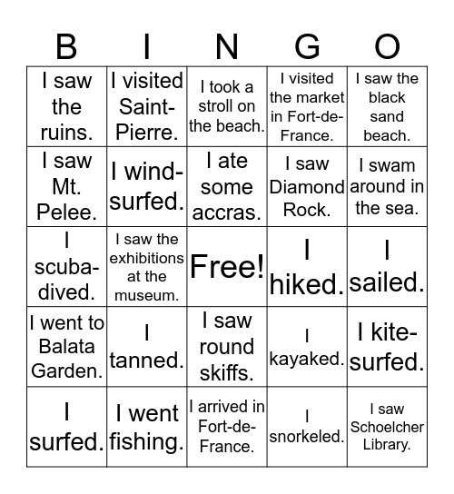 La Martinique Bingo Card