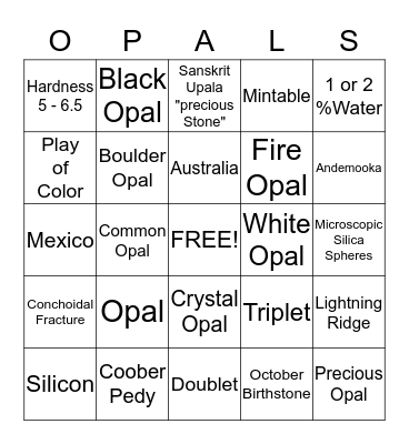 Gemstone Bingo Card