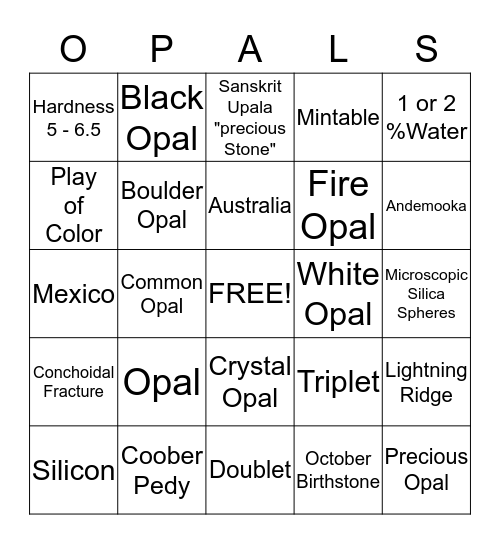 Gemstone Bingo Card