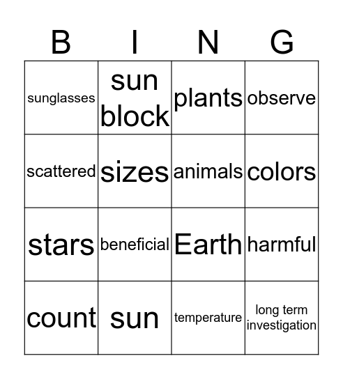 Sun and Stars Bingo Card
