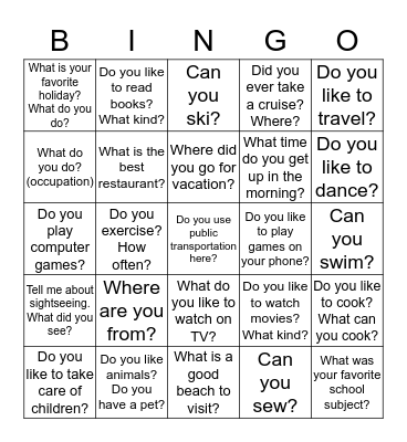 Getting to know you questions Bingo Card