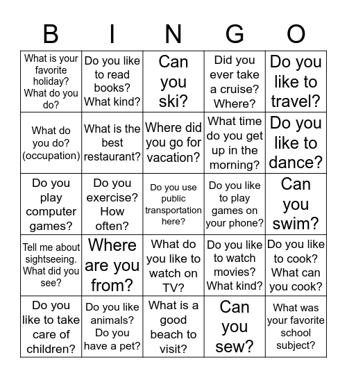 Getting to know you questions Bingo Card