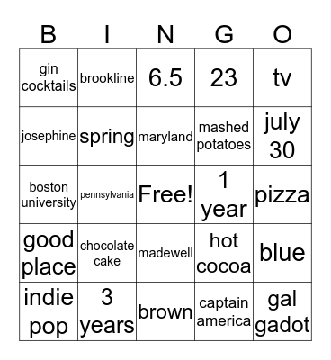 bridal bingo Card