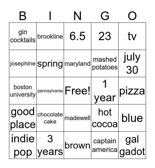 bridal bingo Card