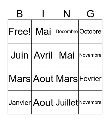 French Months Bingo Card