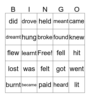 Irregular Verbs Bingo Card