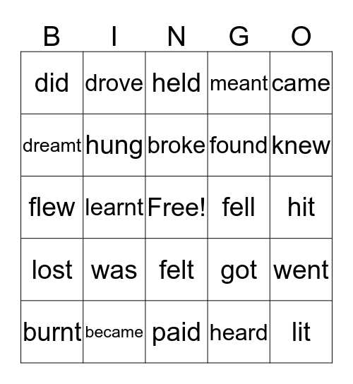 Irregular Verbs Bingo Card