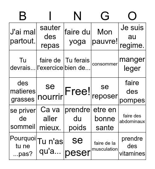 French 3&4 Ch. 8, vocabulaire 2 Bingo Card