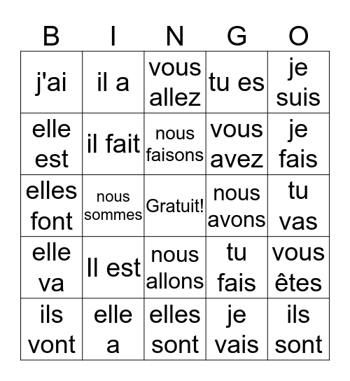 Les 4 verbes irréguliers Bingo Card