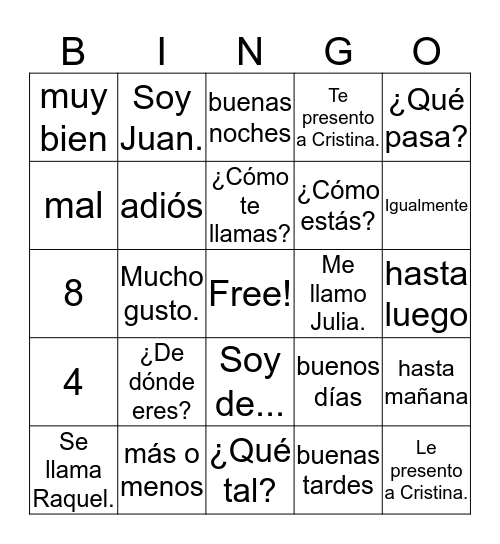 Español Bingo Card