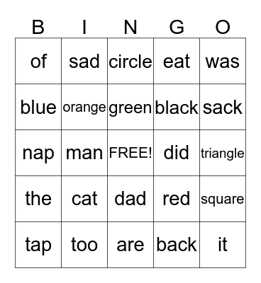 Spelling Word Bingo Card