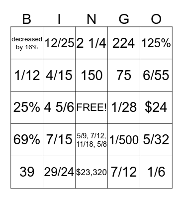 Fractions and Percents Bingo Card
