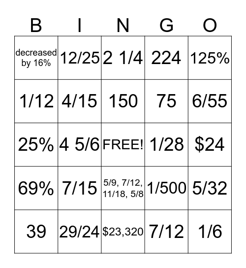 Fractions and Percents Bingo Card