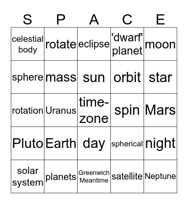 Earth and Space Vocabulary Bingo Card