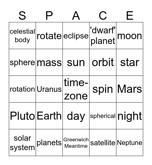 Earth and Space Vocabulary Bingo Card