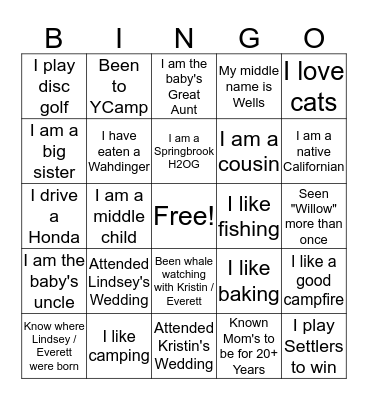 Baby Connections Bingo Card