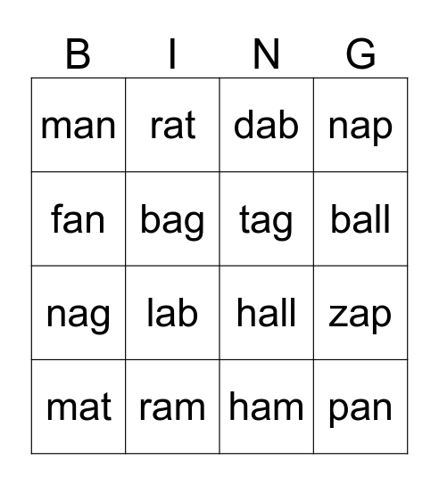 Short "a" word families Bingo Card