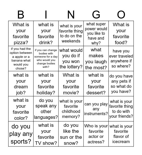 get to know you bingo  Bingo Card