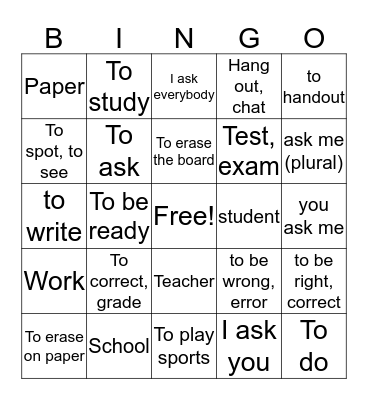 School Bingo Card
