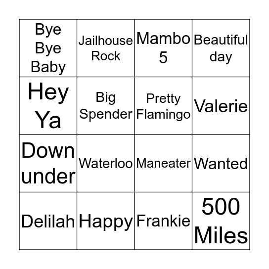 Music Bingo 10 Bingo Card