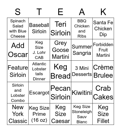 Ultimate Keg Steak (Bingo)  Bingo Card
