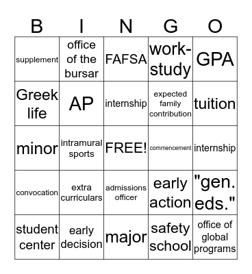 College Knowledge Bingo Card