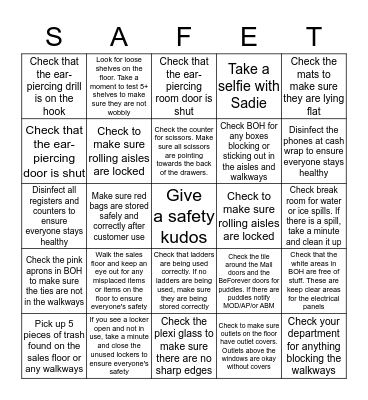 Safety Sadie's Bingo Card