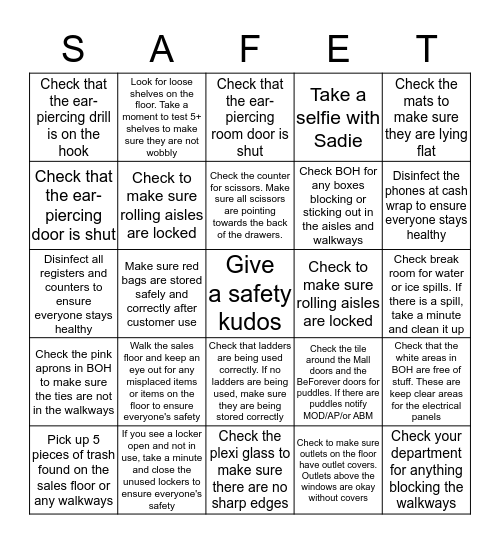 Safety Sadie's Bingo Card