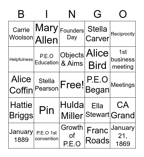 P.E.O HISTORY Bingo Card