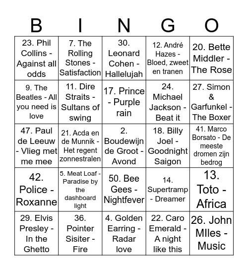 muziekbingo 1963-2013 Bingo Card