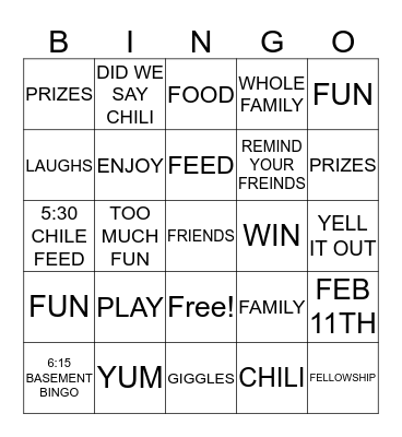 CHILI FEED AND BINGO NIGHT Bingo Card