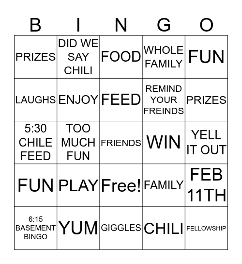 CHILI FEED AND BINGO NIGHT Bingo Card