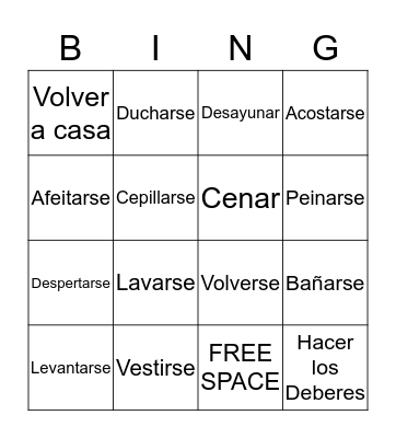Reflexive Verbs Spanish Bingo Card