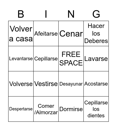 Reflexive Verbs Spanish Bingo Card