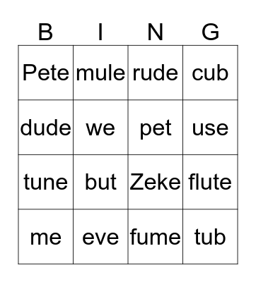 long and short vowels Bingo Card